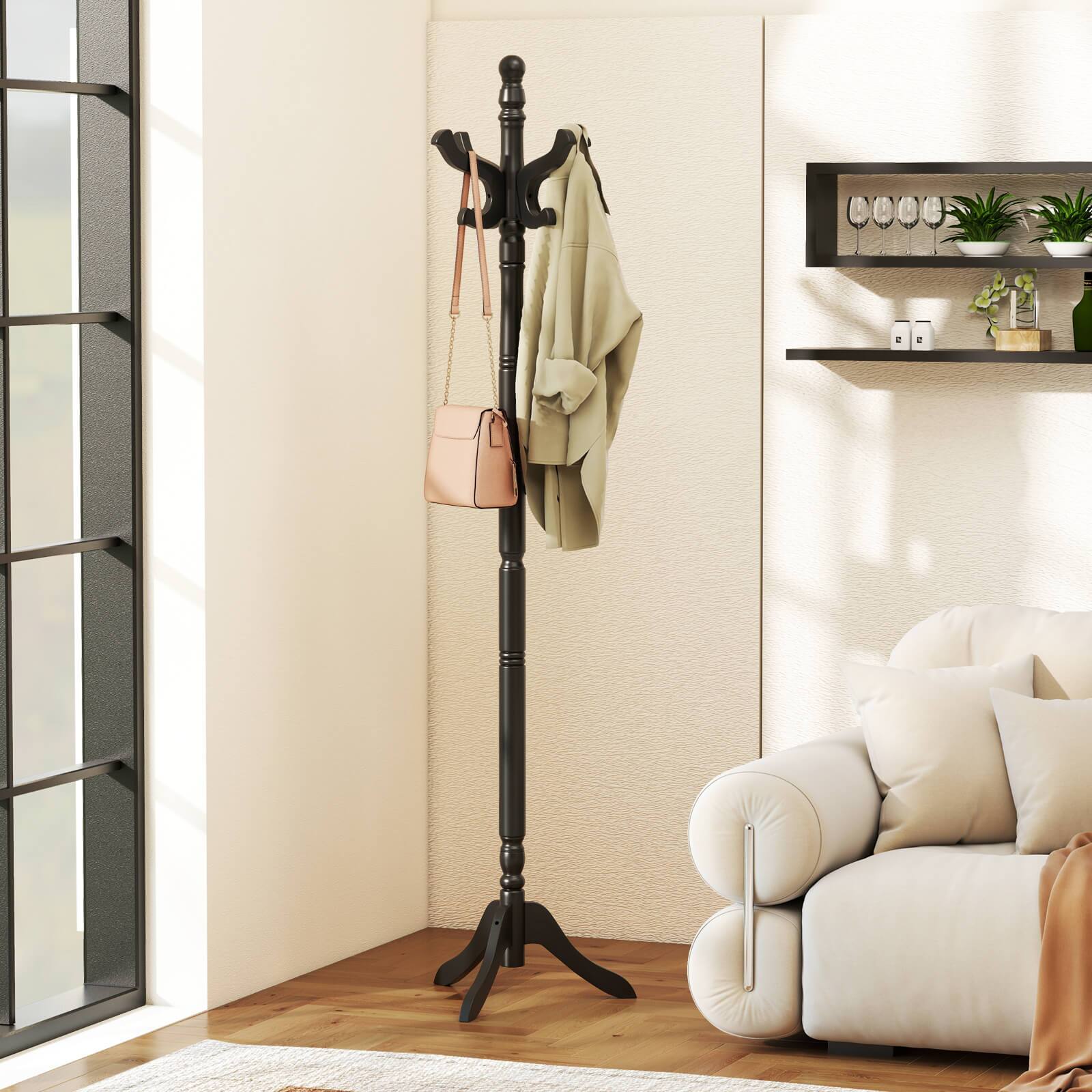 Alt View 1. Costway - Costway Solid Rubber Wood Coat Rack with 3 Adjustable Heights and 11 Hooks for Hallway - Black.