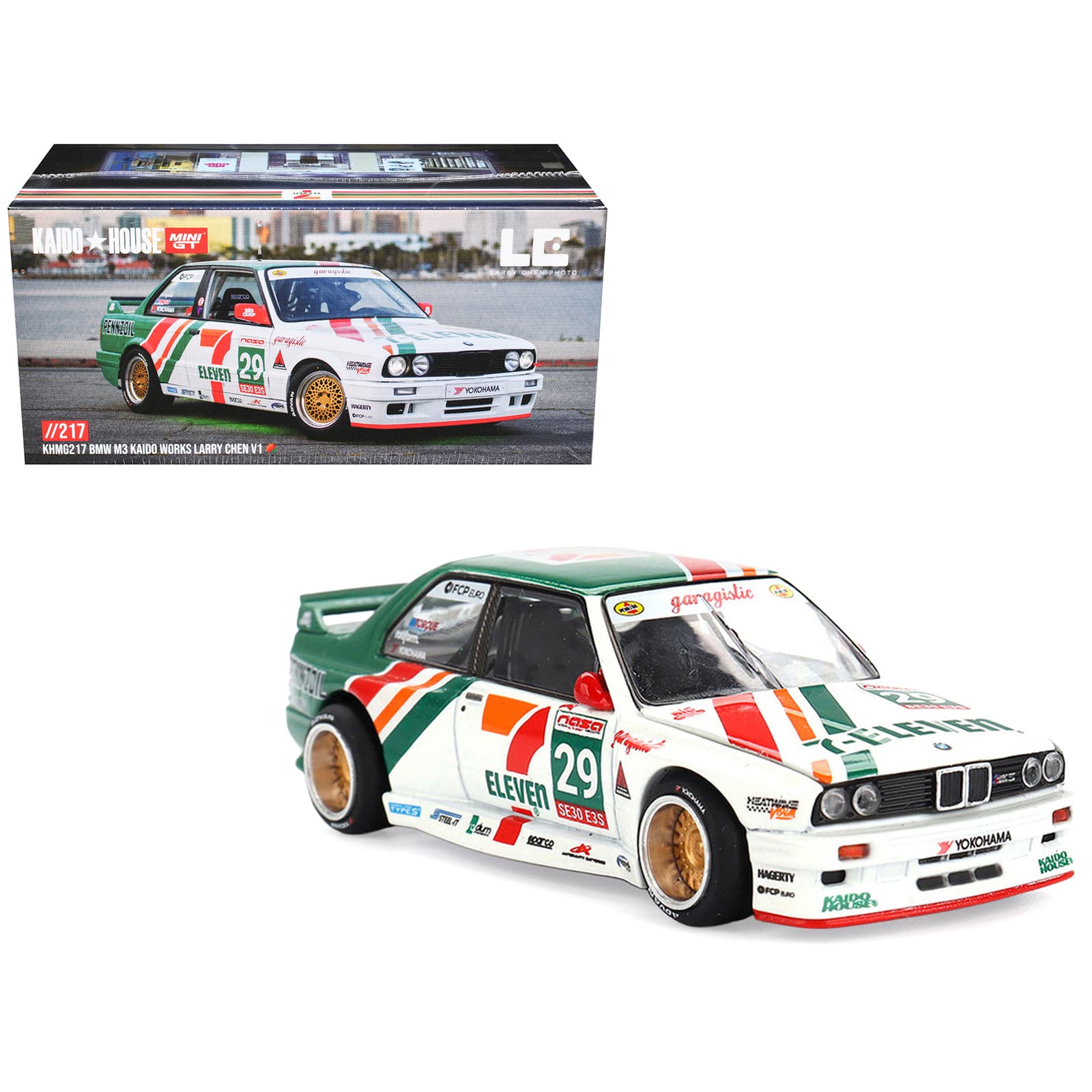 "True Scale Miniatures - BMW M3 ""Kaido Works Larry Chen V1"" #29 ""7-Eleven"" White and Green with Graphics 1/64 Diecast Model Car by Mini GT" price history on PriceWatchPro