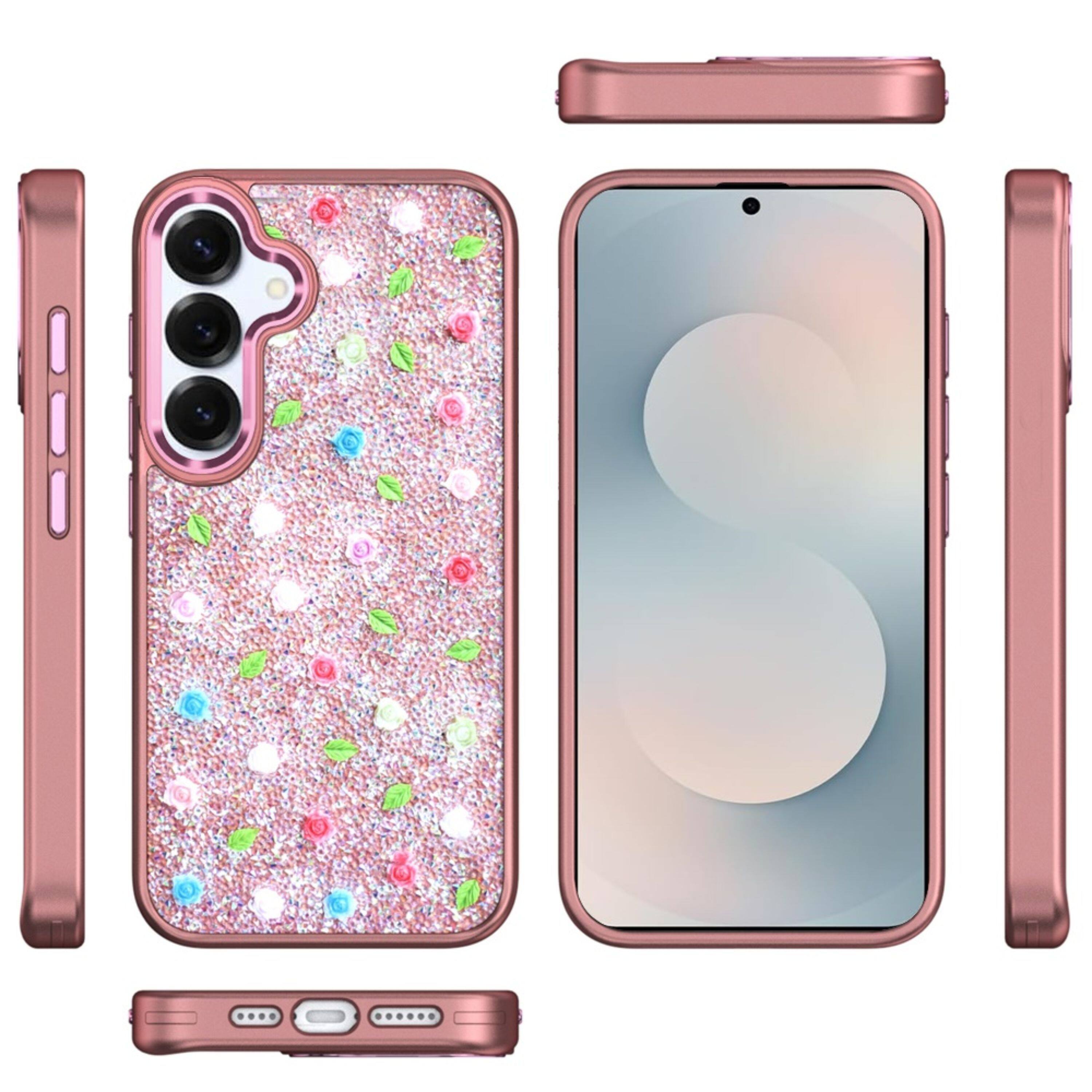Left. Kitcheniva - Diamond Rose Glitter Case With Tempered Glass For Samsung S25 FE Rose Gold - Rose Gold.