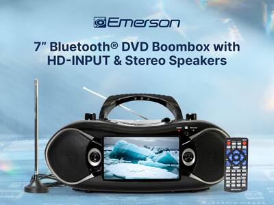 Emerson 7” Bluetooth® TV & DVD Boombox with HD INPUT & Stereo Emerson 7” Bluetooth® TV & DVD Boombox with HD INPUT & Stereo