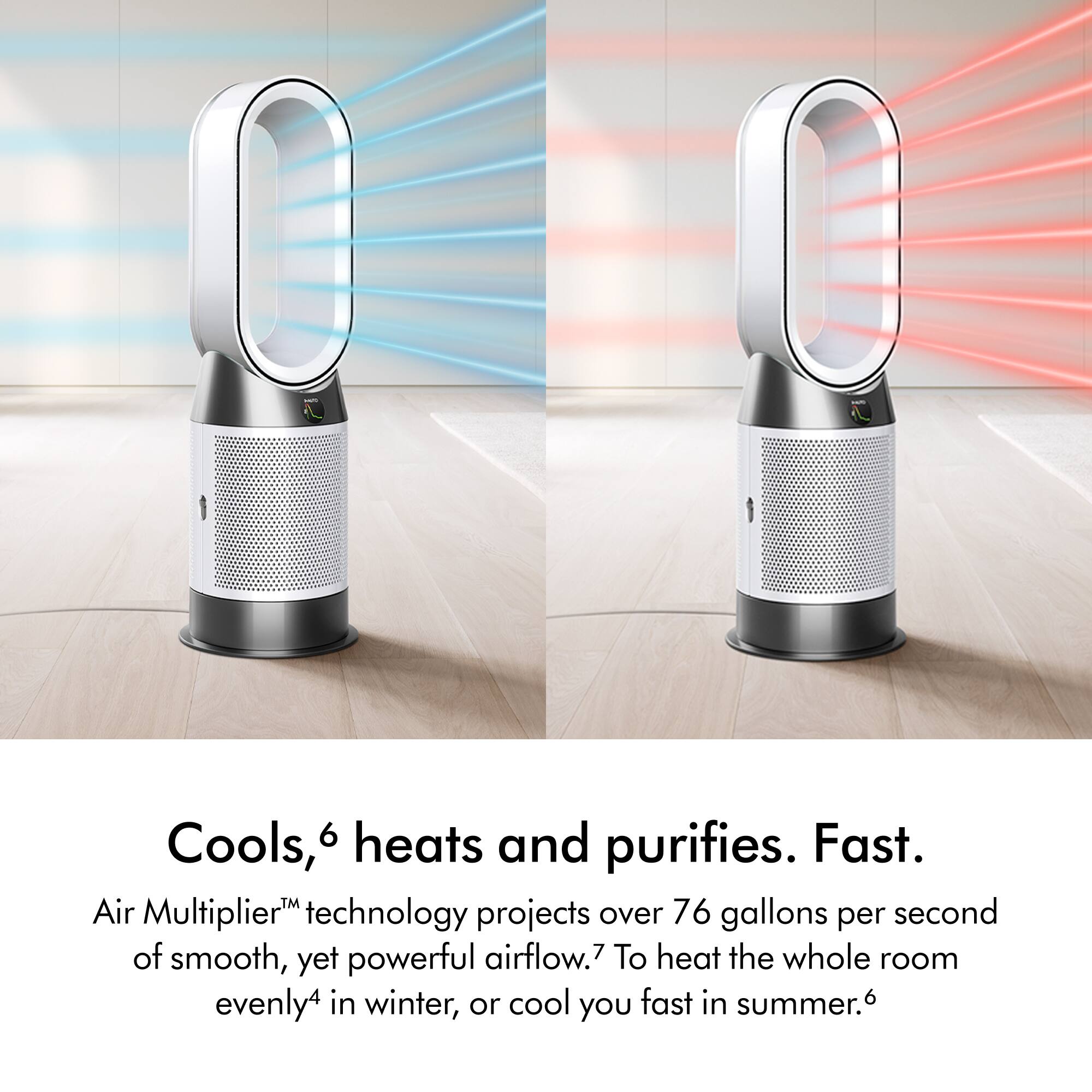 Cools, heats and purifies. Fast. Air Multiplier technology projects over 76 gallons per second of smooth, yet powerful airflow. To heat the whole room evenly in winter, or cool you fast in summer.