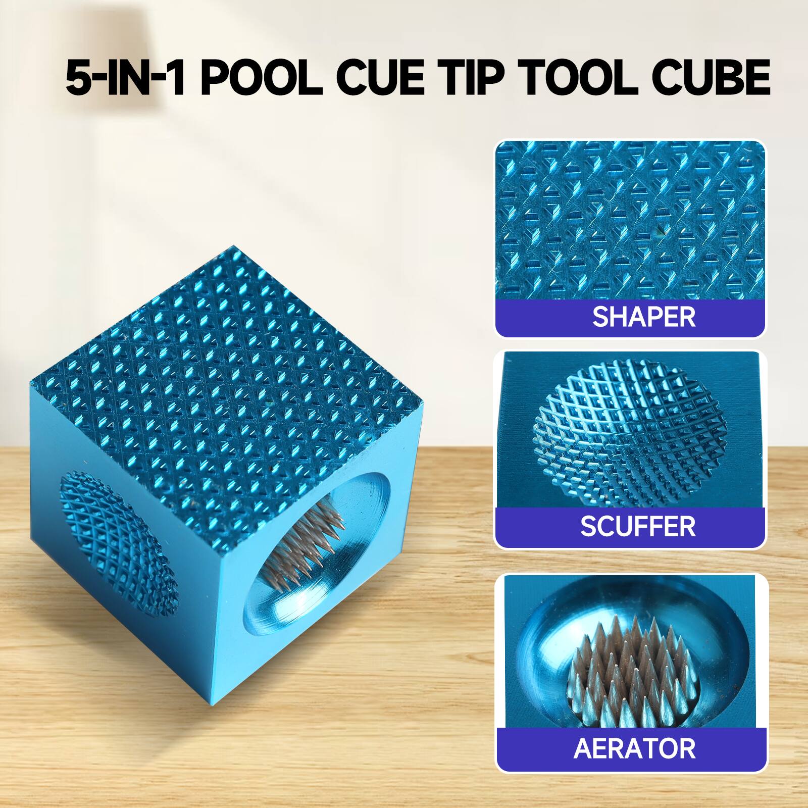 5-IN-1 POOL CUE TIP TOOL CUBE, SHAPER, SCUFFER, AERATOR