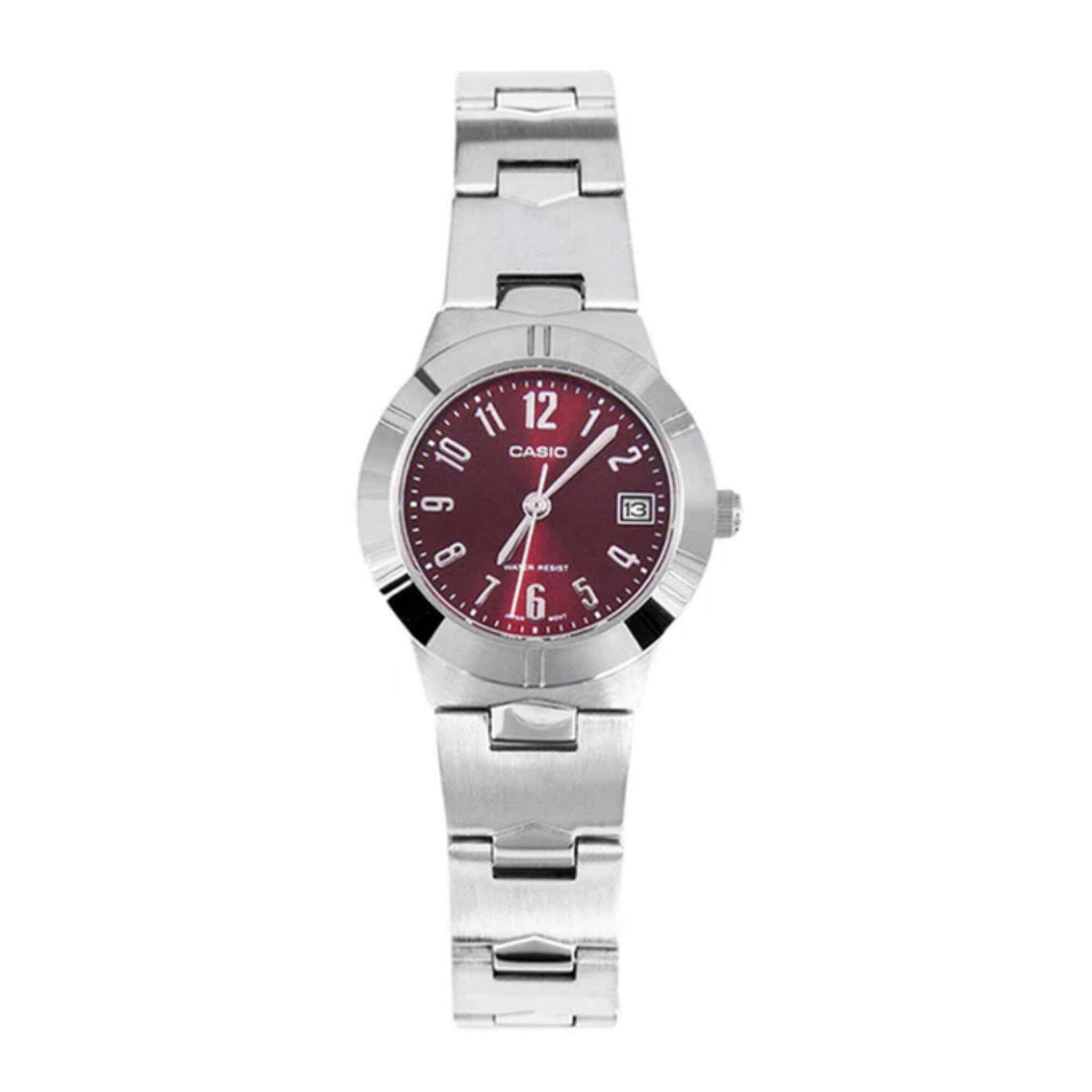 Casio - Women’s Burgundy Dial Analog Watch with Stainless Steel Bracelet - LTP-1241D-4A2D - Silver