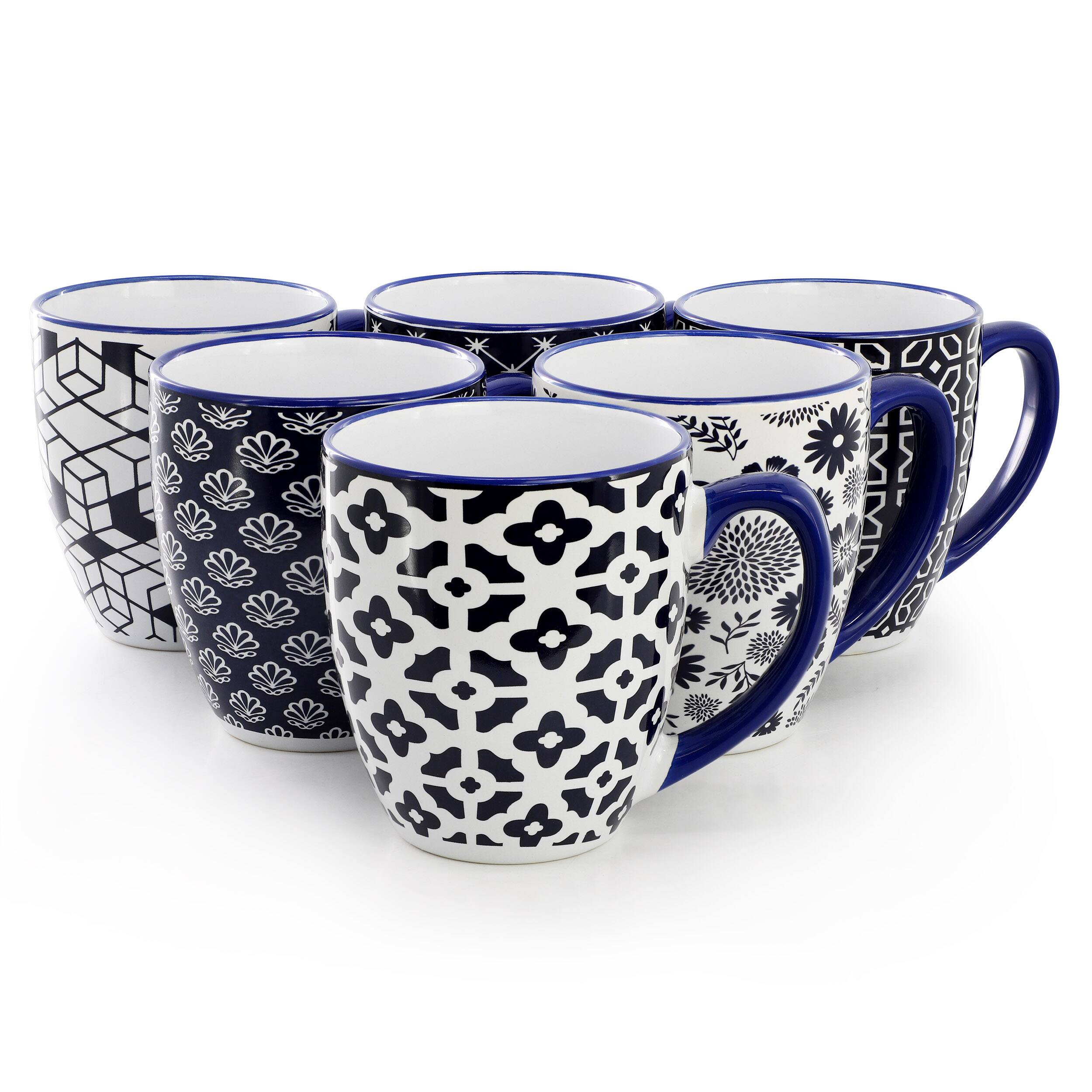 Elama Flyn 6 Piece 16 Ounce Assorted Design Stoneware Mug Set in Navy Blue and White
