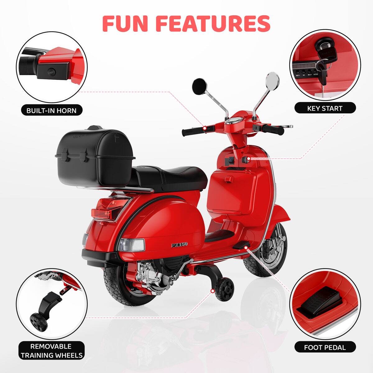 FUN FEATURES
- BUILT-IN HORN
- KEY START
- REMOVABLE TRAINING WHEELS
- FOOT PEDAL