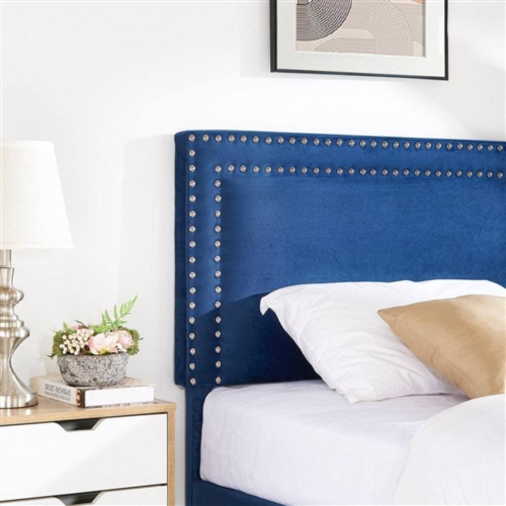 Alt View 1. Hivvago - Set of 2 - Twin Dark Blue Upholstered Platform Bed with Nailhead Trim Headboard - Dark Blue.