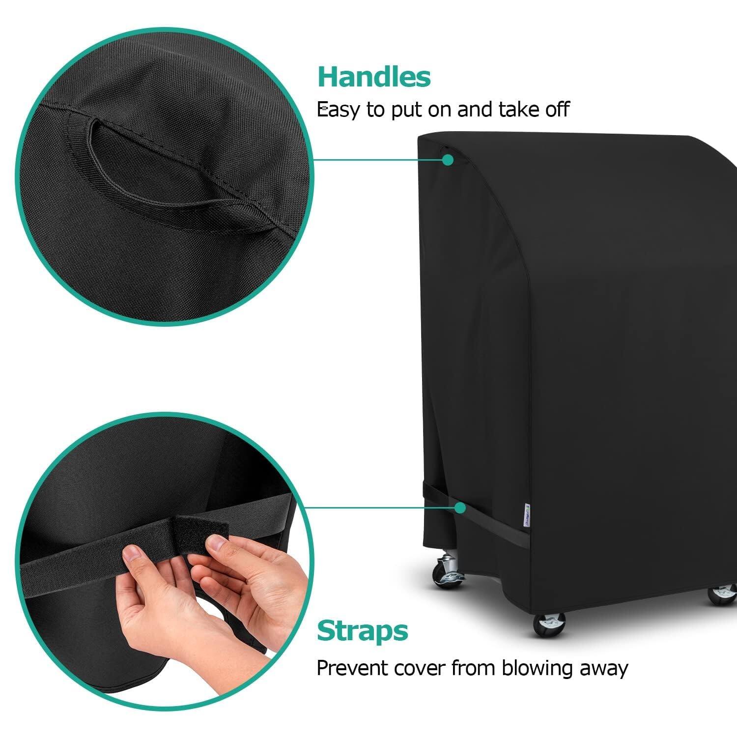 Handles  
Easy to put on and take off  

Straps  
Prevent cover from blowing away