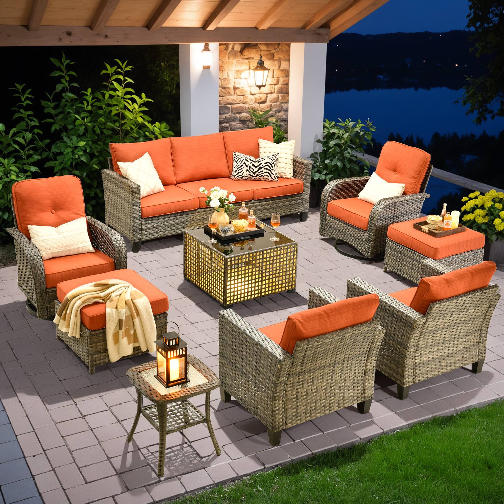 Front. Ovios - 9 PCS Patio Furniture Set, Rattan Sofa with Swivel Chair, Ottoman & Coffee Table for Garden - Orange Red.