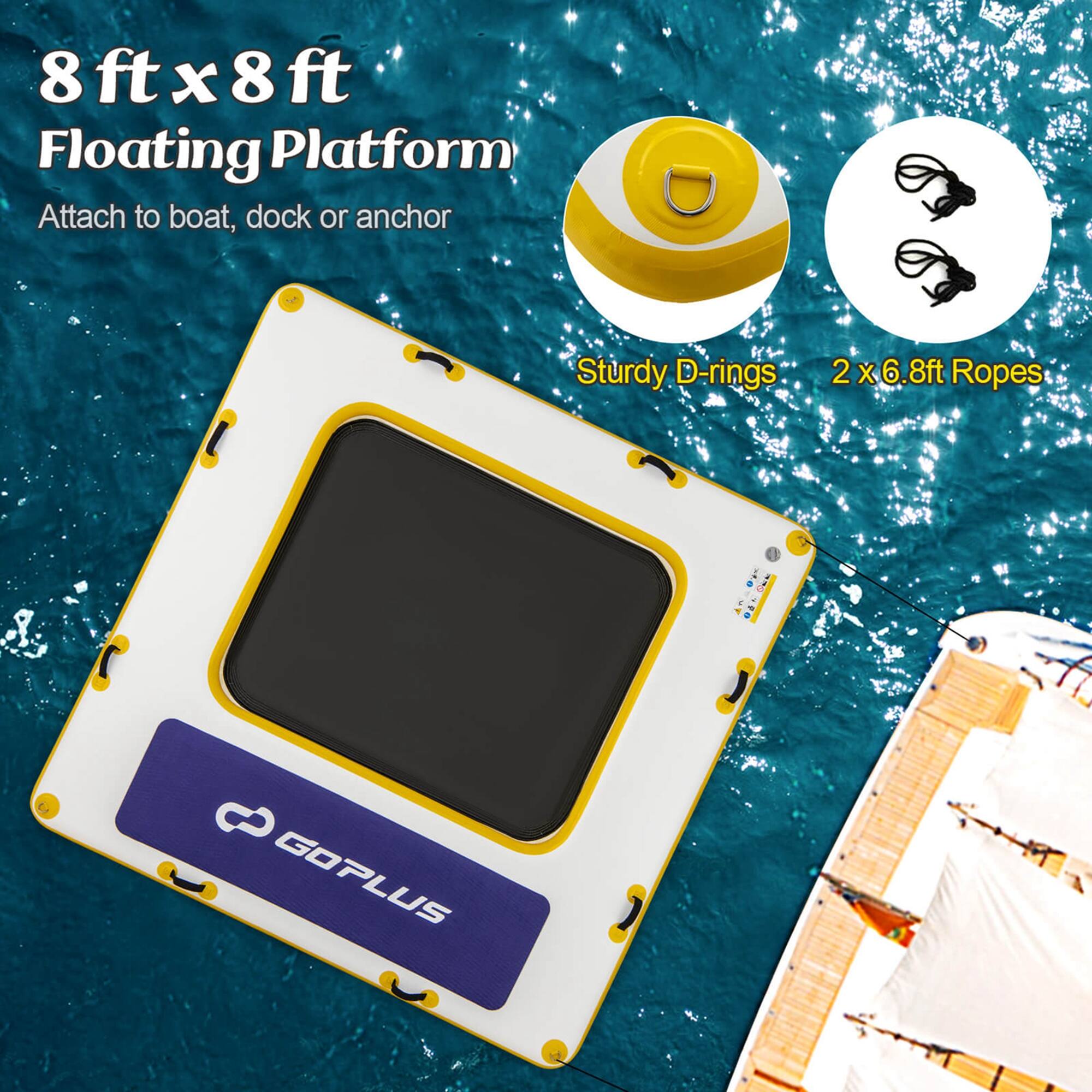 8 ft x 8 ft Floating Platform, Attach to boat, dock or anchor, Sturdy D-rings, 2 x 6.8ft Ropes, A G GOPLUS