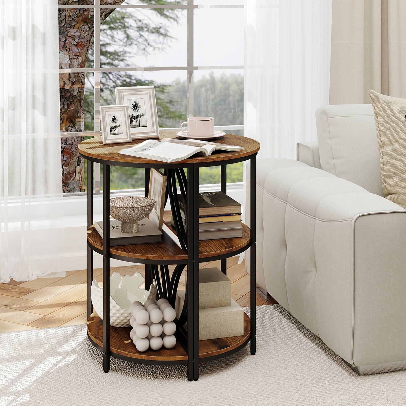 Alt View 1. Gymax - Gymax 3-Tier Half Round End Table w/Study Metal Frame Storage Shelves for Living Room Rustic Brown - Brown.