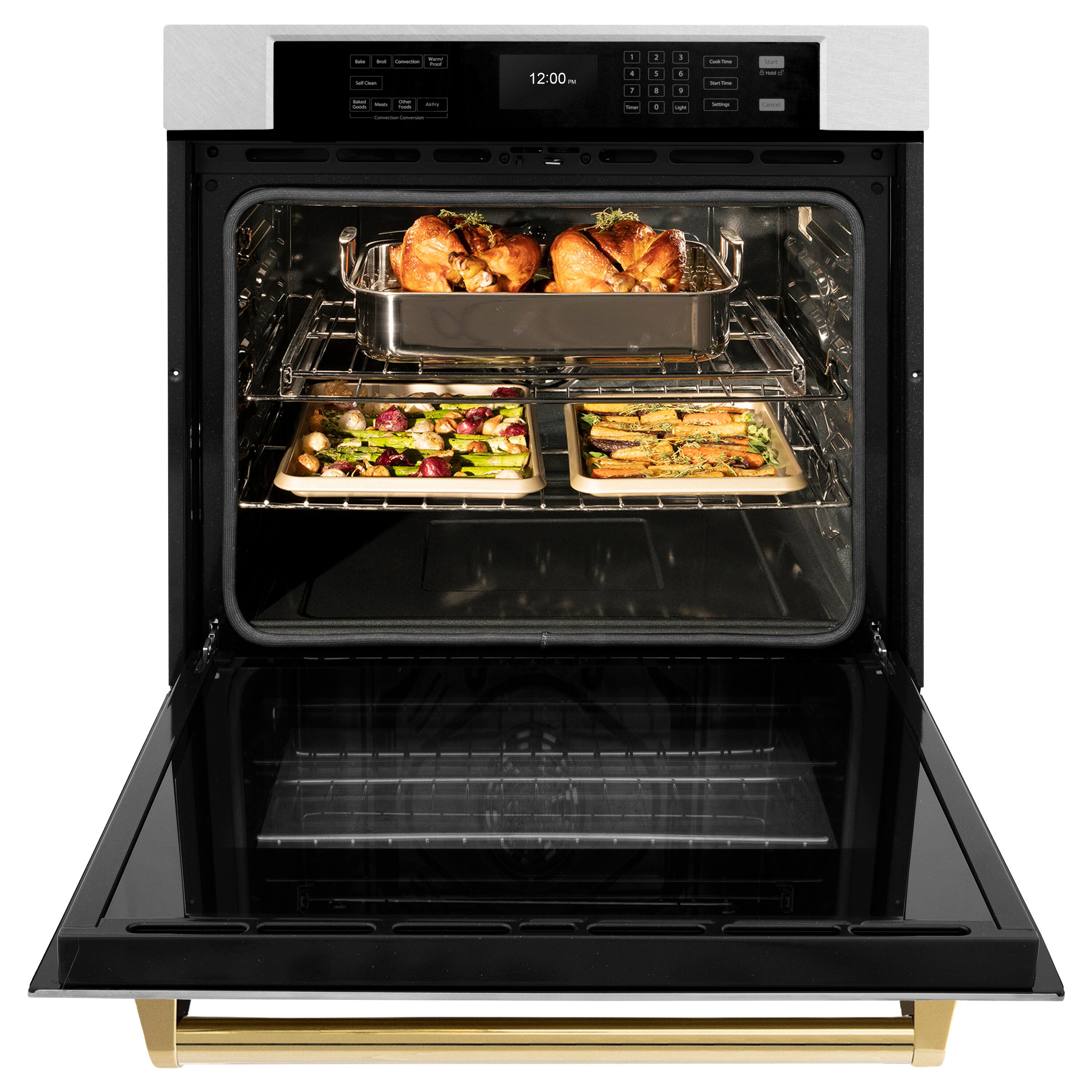 Angle. ZLINE - ZLINE 30 in. Autograph Wall Oven w/ Air Fry in Satin Stainless Steel w/ Gold Handle - Satin Stainless Steel.