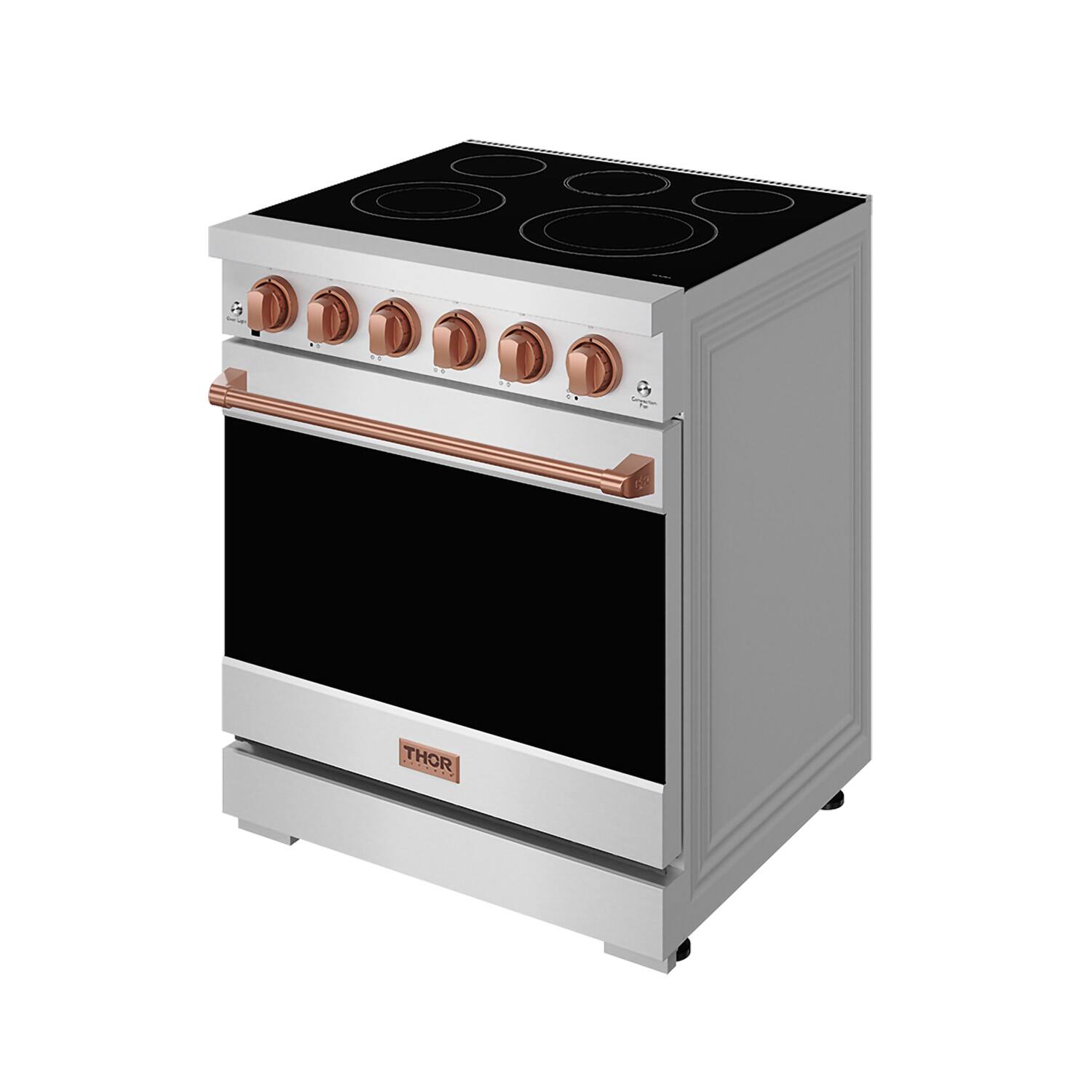 Left. Thor Kitchen - Gordon Ramsay Series by Thor Kitchen 4.55 Cu. Ft Freestanding Electric Range with Rose Gold Hardware - Stainless steel.