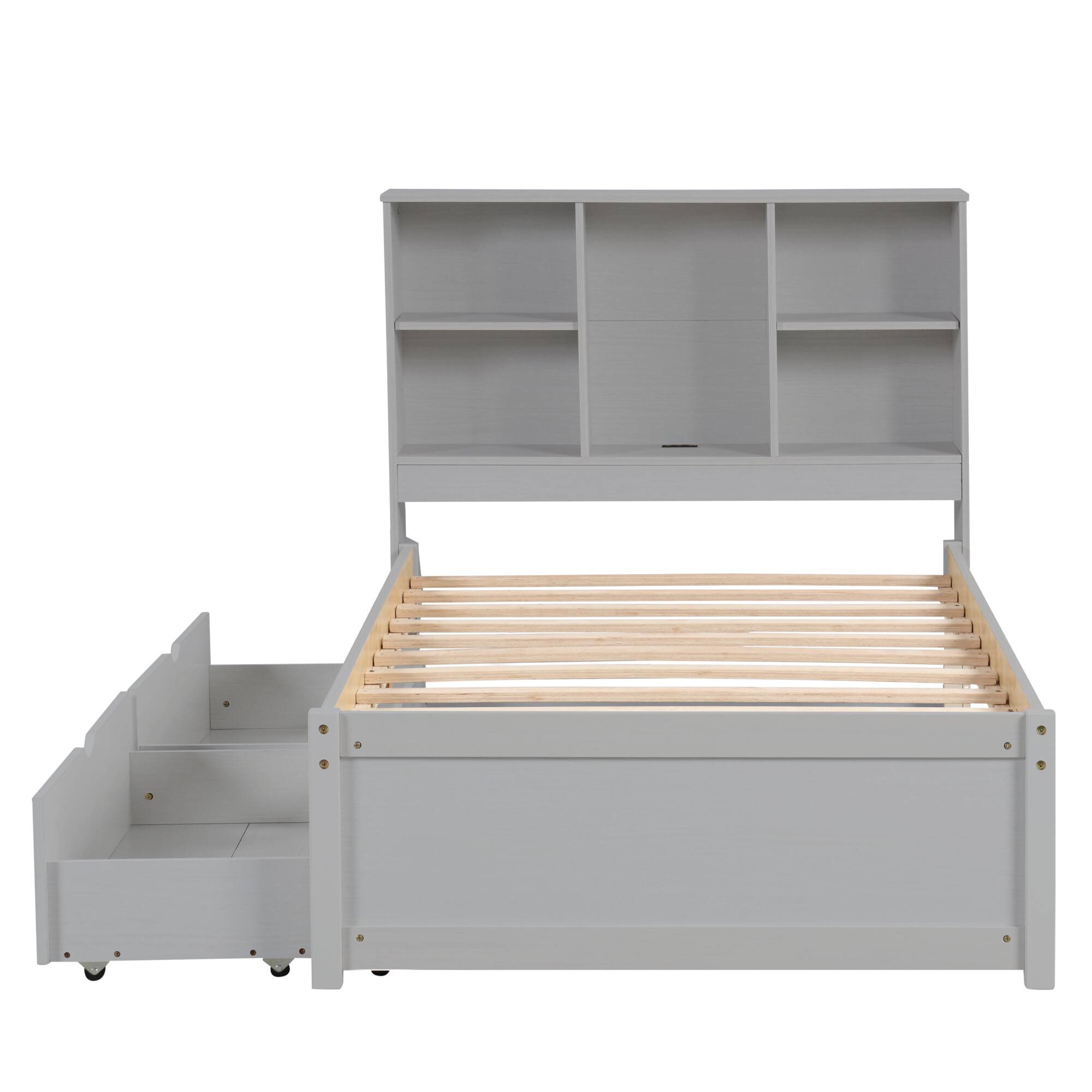 Alt View 1. GOODSILO - Contemporary Twin Size Bed Frame with USB Charging Port, Bookcase Headboard, and Underbed Storage Drawers - Grey.