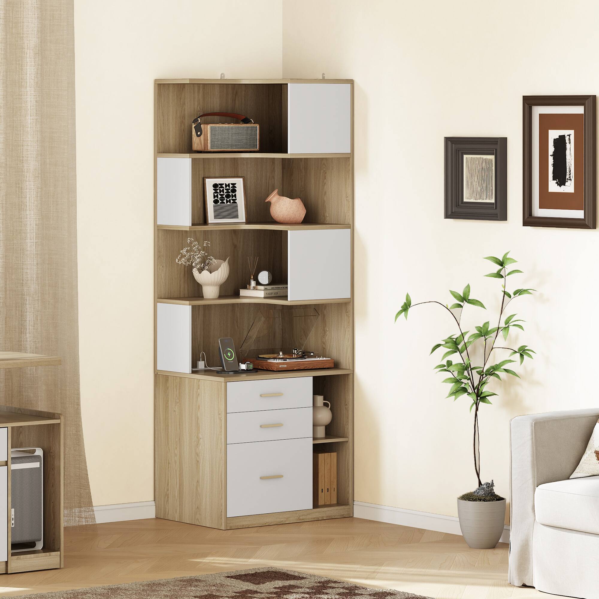 Alt View 6. ModernMate - 74.4" Tall L-Shaped Bookcase with 3 Drawers, Corner Bookshelf with Storage, Charging Station, Light Walnut - Light Walnut.