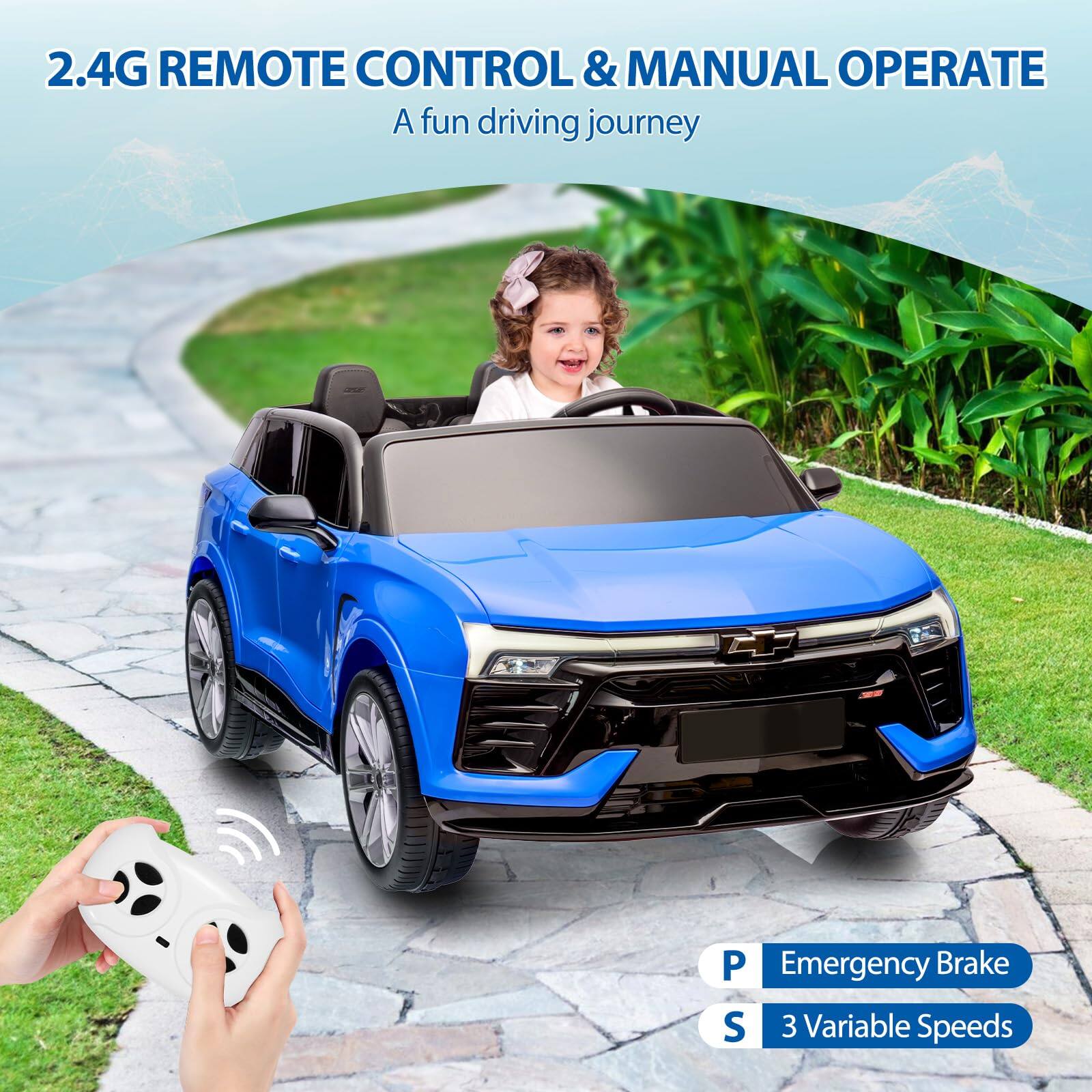 2.4G REMOTE CONTROL & MANUAL OPERATE  
A fun driving journey  

P Emergency Brake  
S 3 Variable Speeds