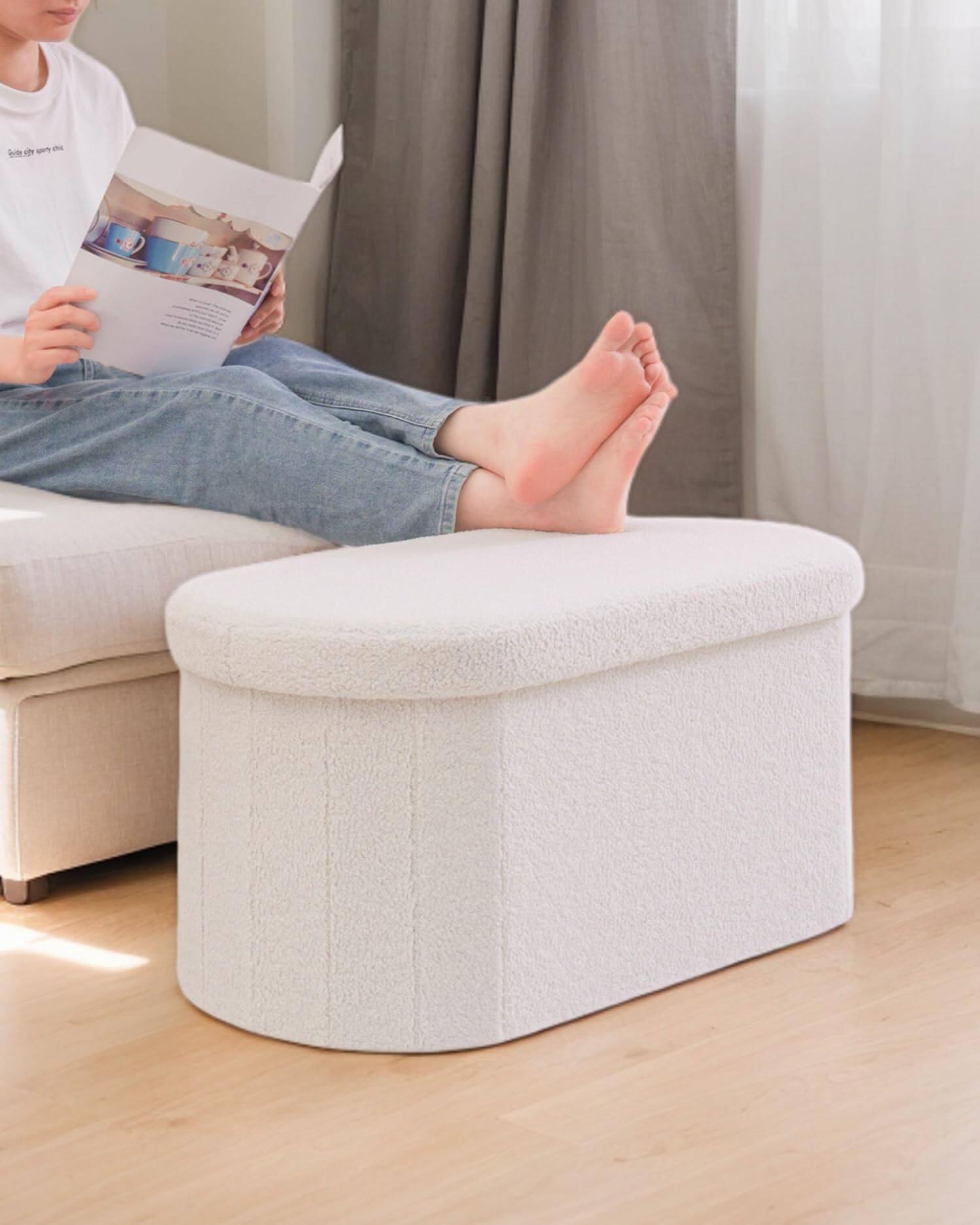 Alt View 1. JETRANSPORT - Oval Foldable Ottoman Storage Teddy Boucle Fabric Footrest Bench Living Room Bedroom Entryway Dorm White - Black 43.3"D x 15"W x 15"H.