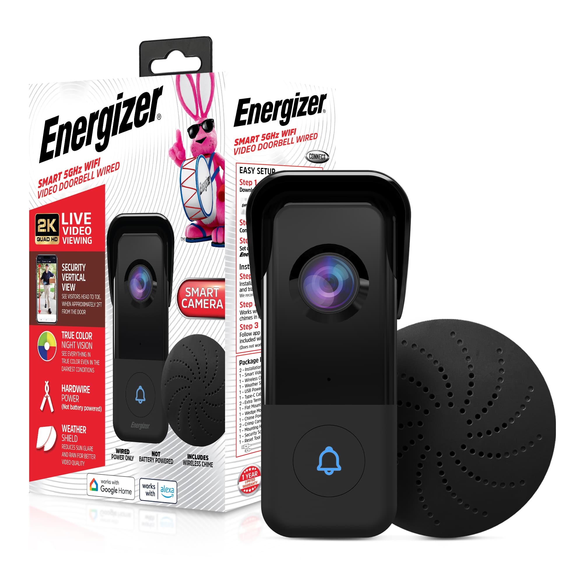 Energizer - Smart 5GHz Wi-Fi 2K QHD Wired Video Doorbell with True Color Night Vision and Wireless Chime - Black