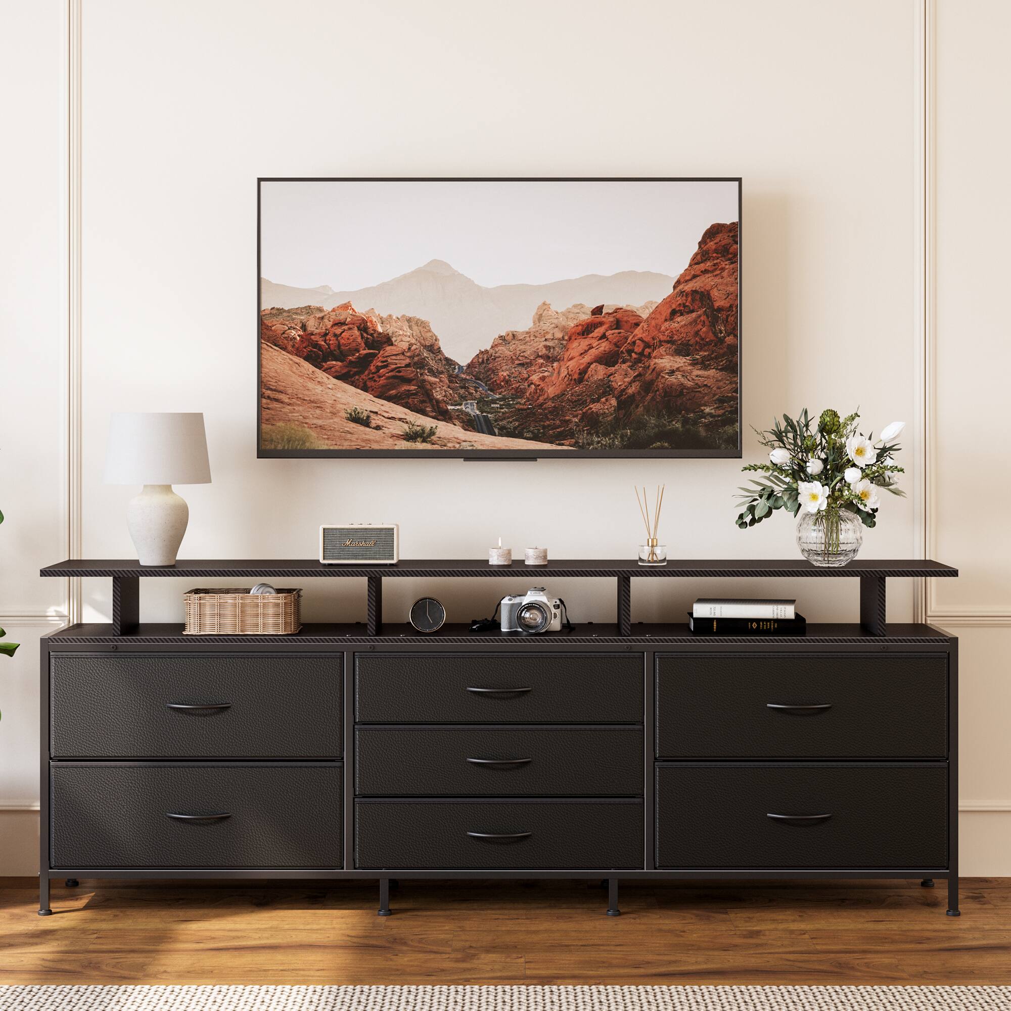 Left. HAUSOURCE - 63" Entertainment Center Media Console Table with 7 Drawers Height Adjustable Mount Dresser TV Stand, Black - Black.