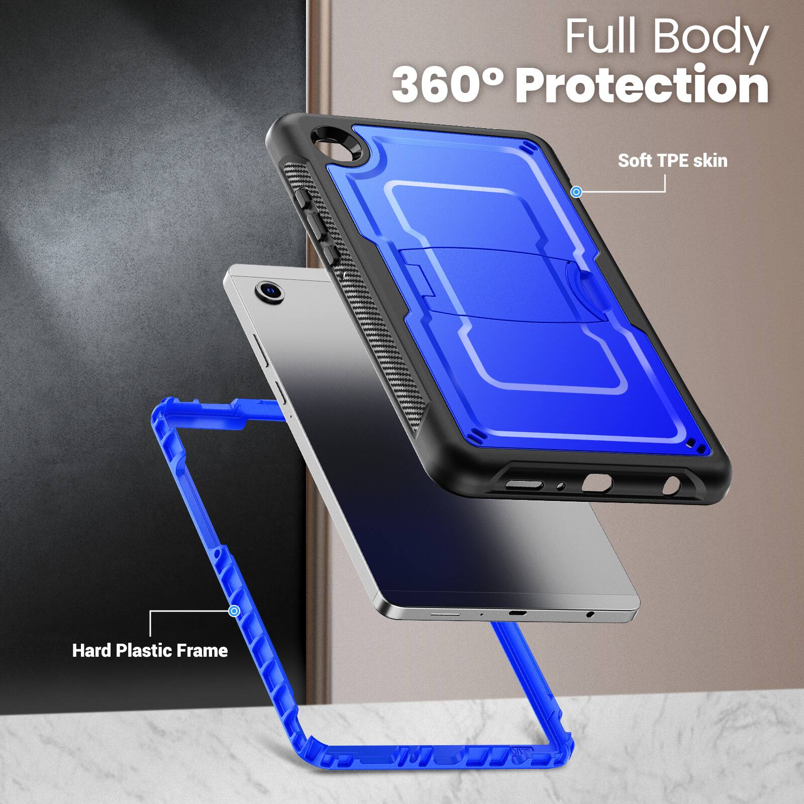 Full Body 360° Protection  
Soft TPE skin  
Hard Plastic Frame