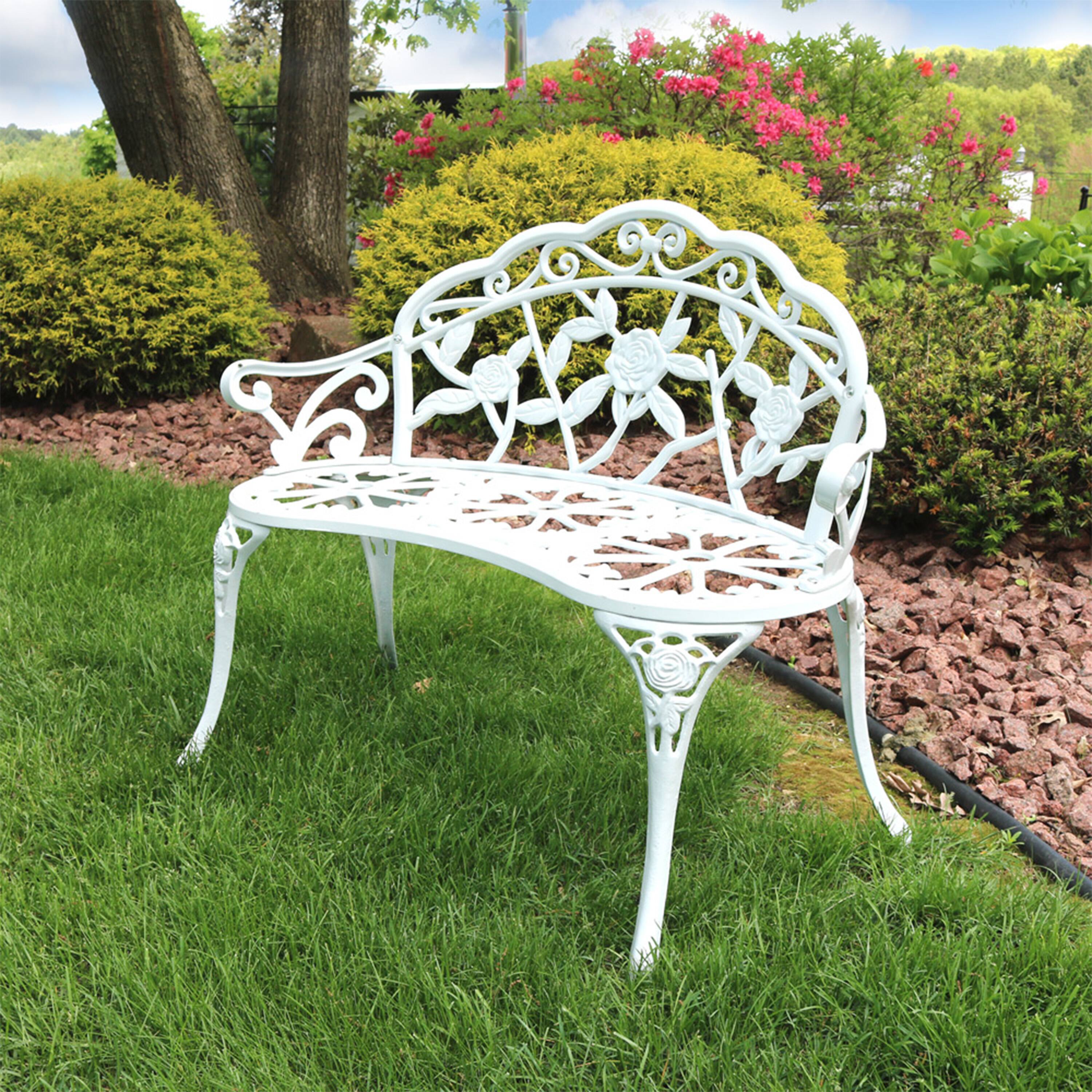 Alt View 4. Sunnydaze - 2-Person Classic Rose Cast Aluminum Outdoor Garden Bench - White.