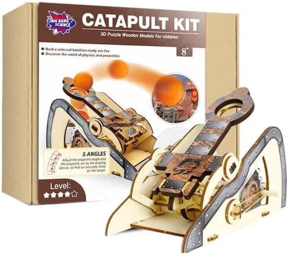 Amber Sporting Goods - 3D Wooden Catapult Kit STEM Toy for Kids, Includes Panels, Elastic Bands, and EVA Balls, Trajectory, and Levers - Multicolor