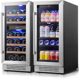 Yeego - Wine and Beverage Refrigerator, Two 15" Wine Beverage Coolers Under Counter Wine Fridge, Hold 28 Bottles and 80 Cans - Silver
