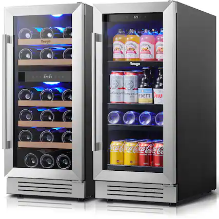 Sure, here is the corrected and grouped text from the image:
**Left Side (Wine Cooler):**
- Yeego
- 5454
- AVO
**Right Side (Mini Fridge):**
- Yeego
- 5454
- AVO
- Souburg Depbanig Sang Syale
- dda
- Veege
- DN
- GAV
- 54
- 5
- 54
- AVO
- 13
- 18
- Rmite
- ndweiser
- ndweiser
- N. EDETT
- Duu
- CO
- ae
- Famas
- Coca-Cola
- Coca-Cola
- Coca-Cola
- Coca-Cola
- Coca-Cola
- AST
- PRL
- TAS
- Sim