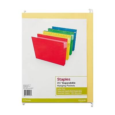 Staples  
31" Expandable Hanging Pockets  
Letter Size  
Tabs and Inserts Sold Separately  
Assorted Colors  
10% Recycled Pockets  
ST419192