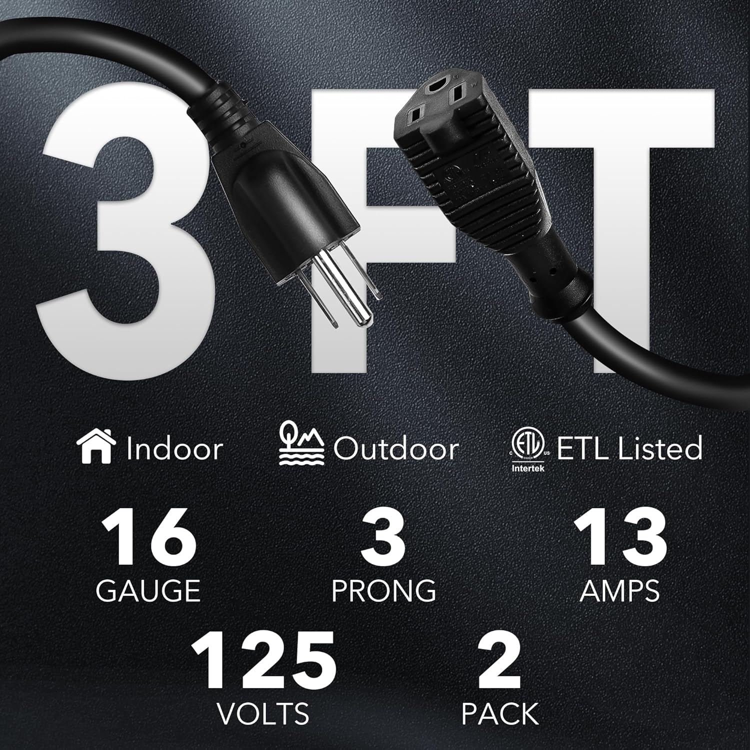 3FT 3 T Indoor Outdoor ETL Listed Intertek 16 Gauge 3 Prong 125 Volts 13 Amps 2 Pack