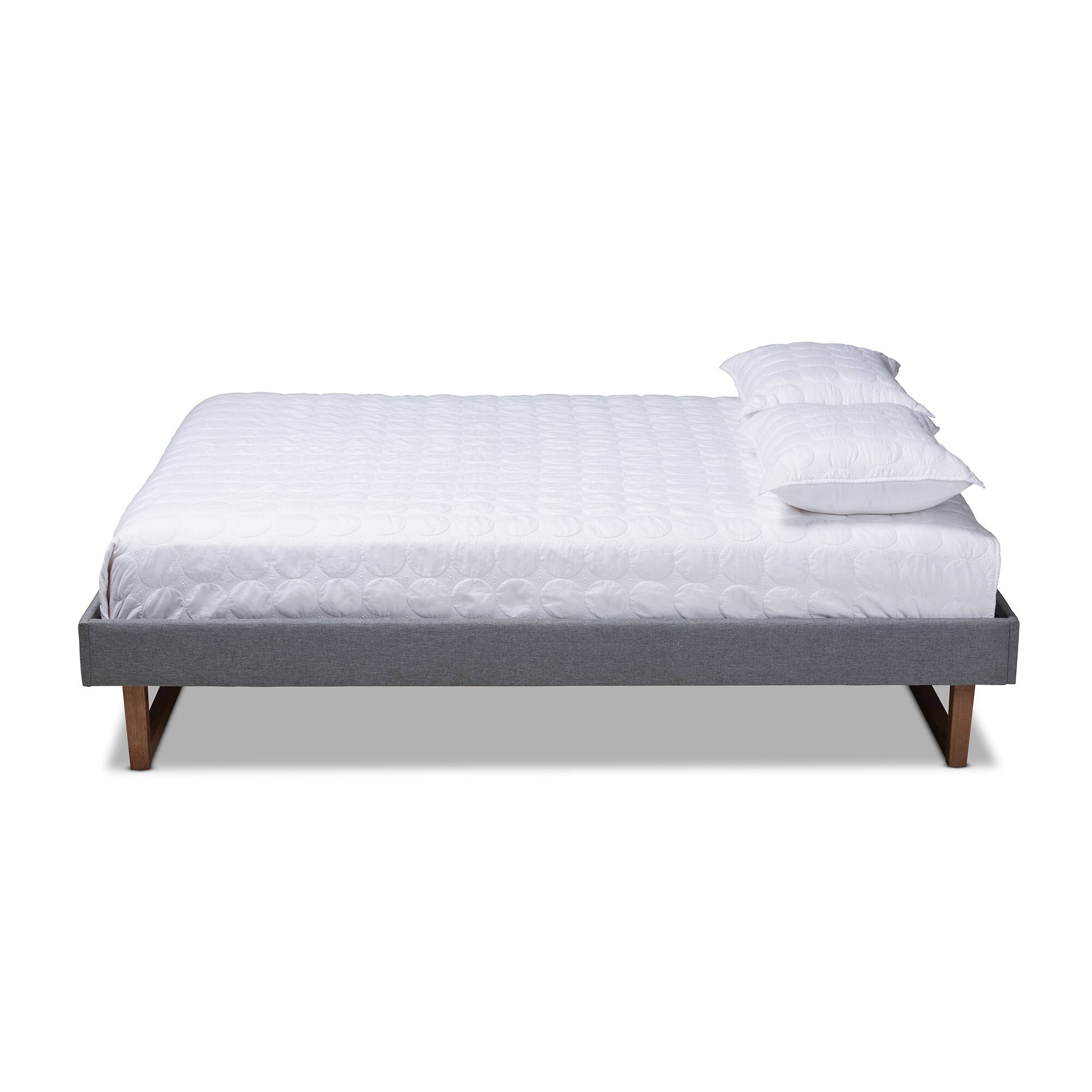 Angle. Baxton Studio - Liliya Mid-Century Modern Fabric Upholstered Walnut Brown Finished Wood Platform Bed Frame - Dark Gray/Walnut.