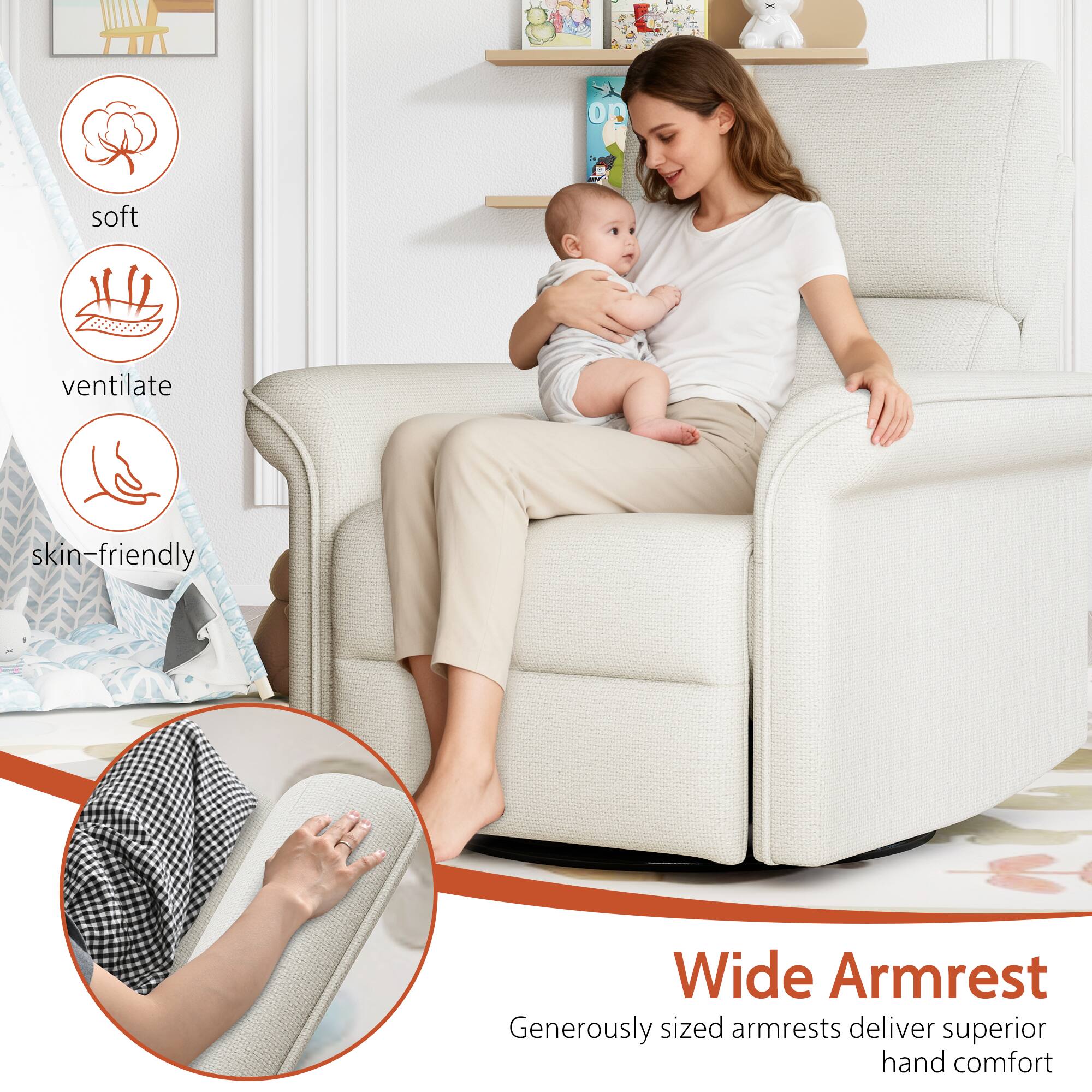 - Soft
- Ventilate
- Skin-friendly

Wide Armrest  
Generously sized armrests deliver superior hand comfort