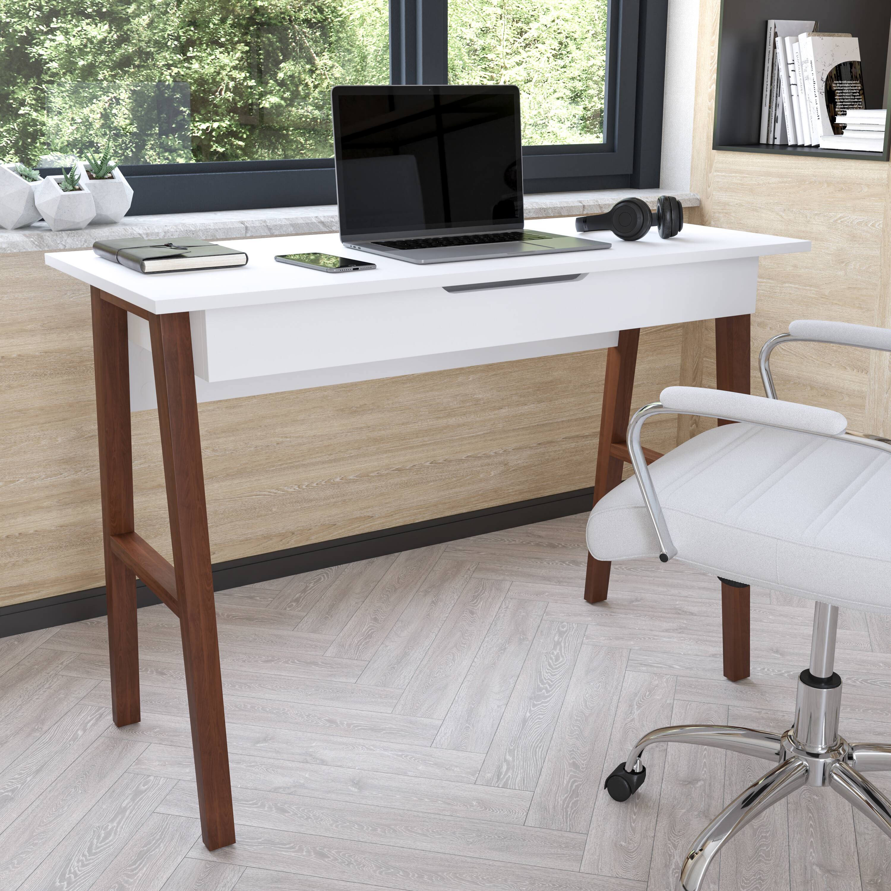 Alt View 1. Emma + Oliver - Home Office Writing Computer Desk with Drawer - Table Desk - White Top/Walnut Frame.
