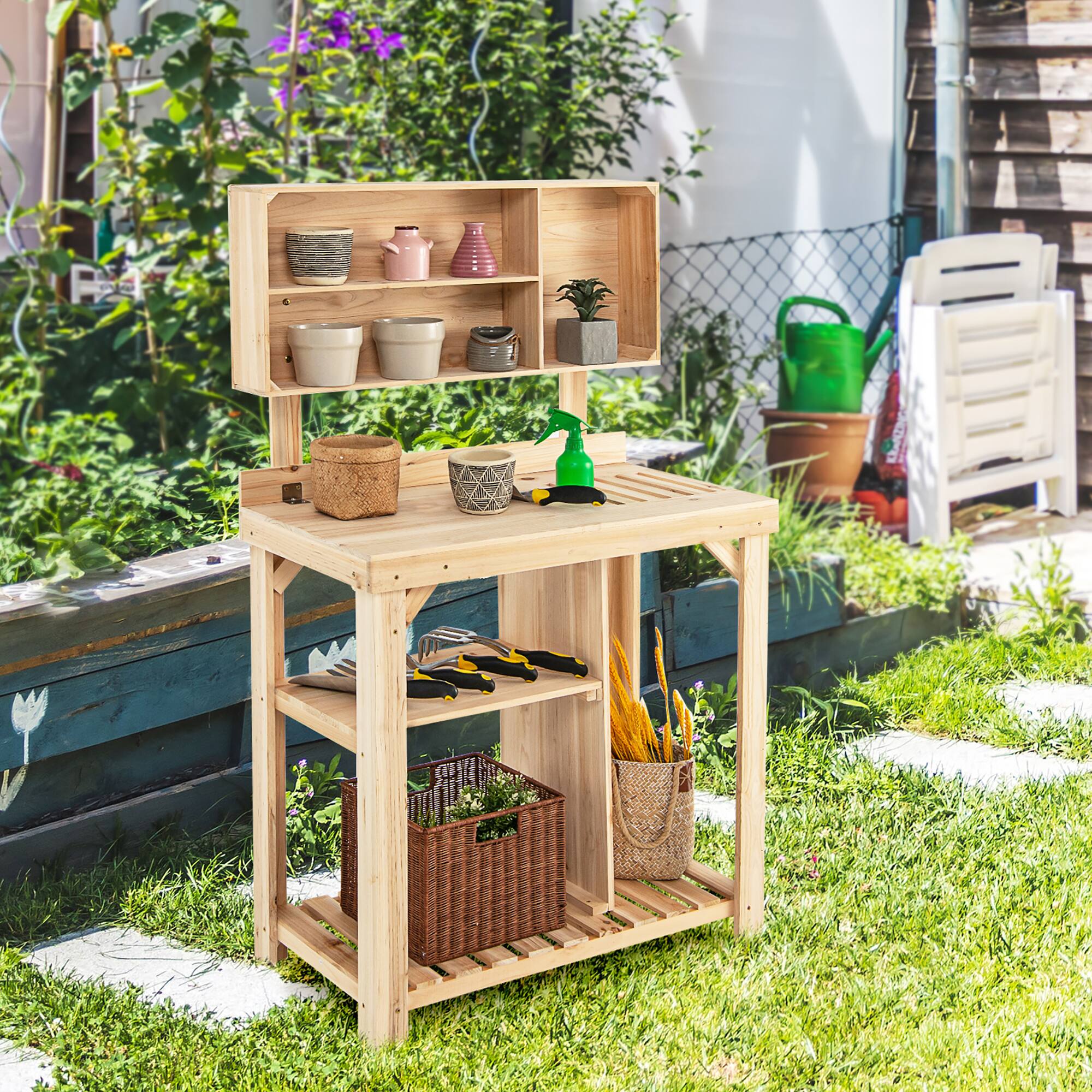 Alt View 8. Costway - 3 Tier Wooden Vertical Raised Garden Bed w/Storage Shelf, Side Hook & Liners - Natural.