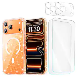 Bundle - Entronix - 5-in-1 Protection for iPhone 17 Pro Max - Glitter Case & Accessories - Clear