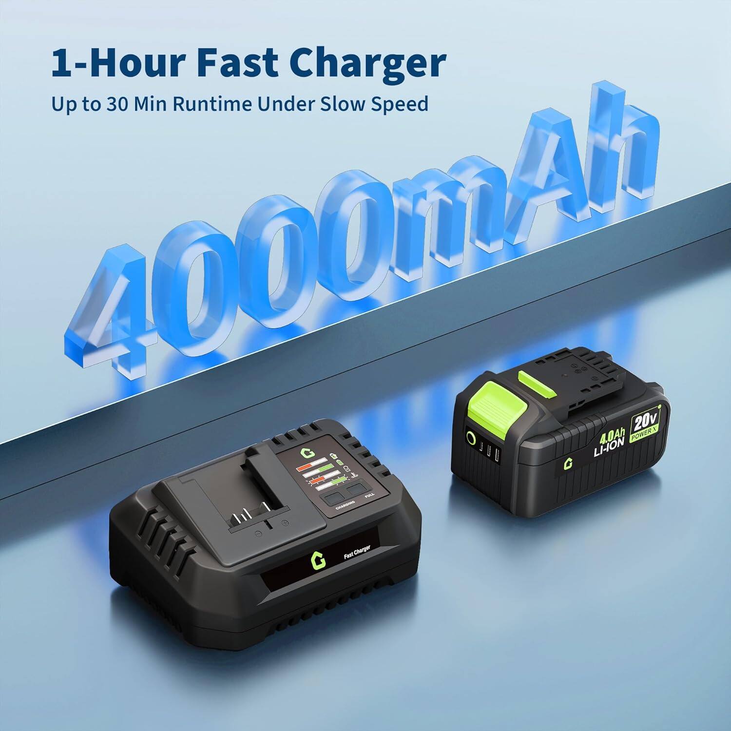 1-Hour Fast Charger  
Up to 30 Min Runtime Under Slow Speed  
4000mAh  
20V 4.0Ah  
PORTAL & JUU LI-ION