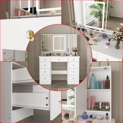 modern dressing table with mirror and lights ModernLuxe Assembly Required Corner Makeup Vanity Desk With Mirror LED Lights Modern Vanity Set With Mirror And Stool Dressing Table With Large Storage For Small Place Brightness Adjustable Folding Mirror White in