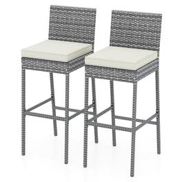 Gymax - 2 PCS Patio Wicker Barstools Bar Height Chairs W/ Cushions Backyard Off White - Gray