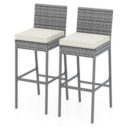 Front. Gymax - Gymax 2 PCS Patio Wicker Barstools Bar Height Chairs W/ Cushions Backyard Off White - Gray.