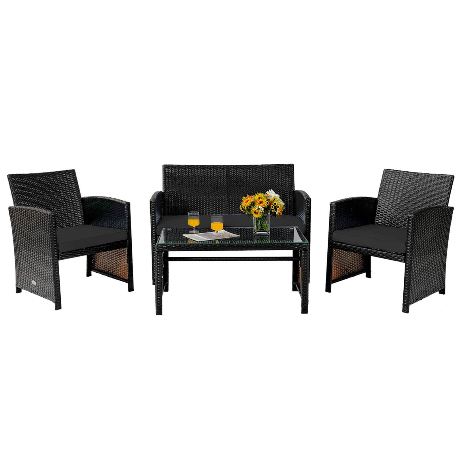 Costway- 4PCS Patio Rattan Furniture Set Cushioned Chair Sofa Table- Black