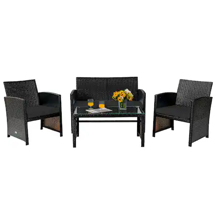 Front. Costway - Costway 4PCS Patio Rattan Furniture Set Cushioned Chair Sofa Table - Black.