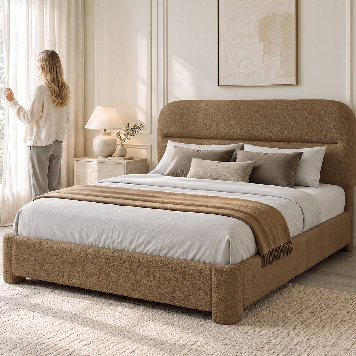 Alt View 6. Vipbear - F/Q/K Upholstered Platform Bed Frame | Height Adjustable Headboard, No Box Spring Needed, Works with 8–14" Mattresses - Coffee.