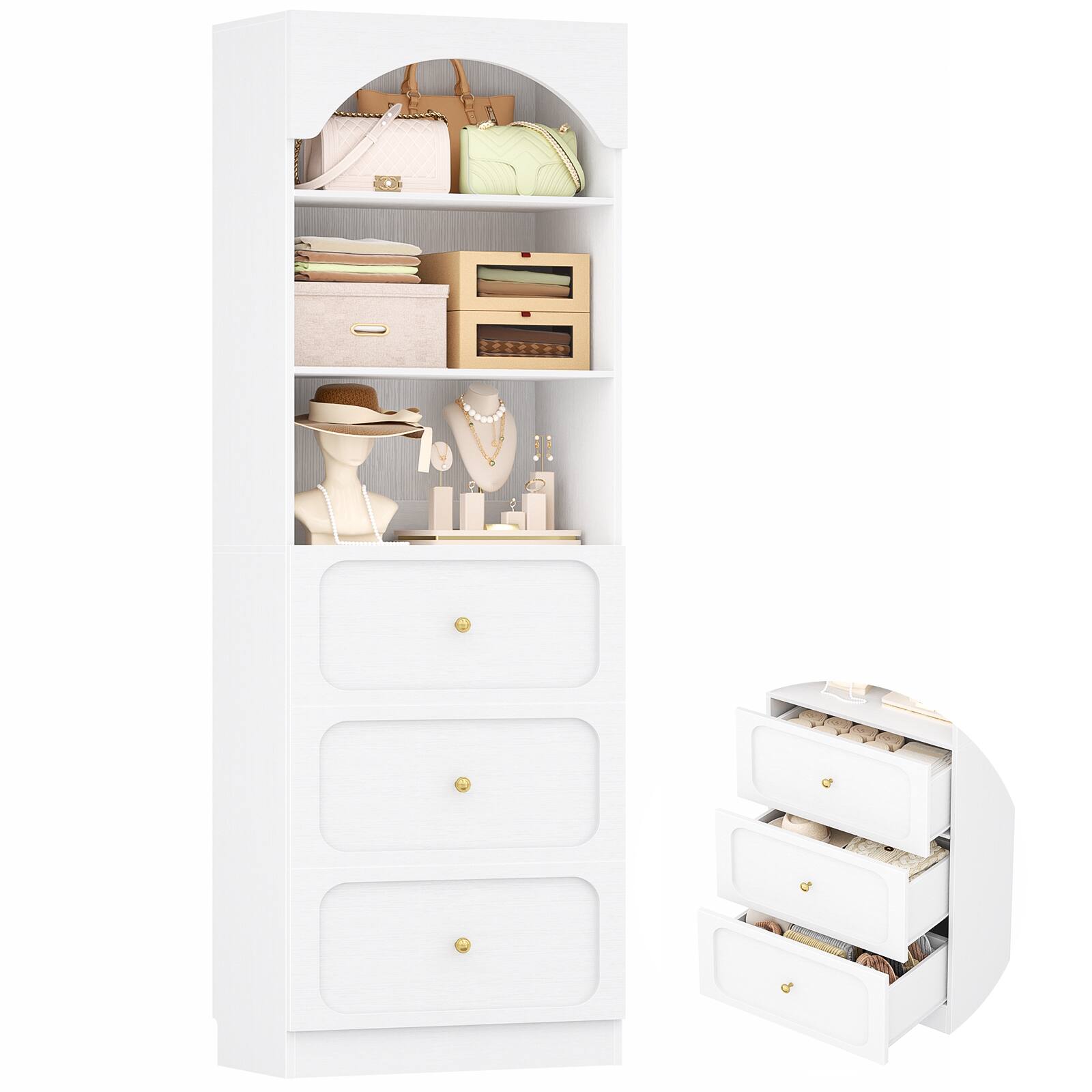Angle. Aheaplus - 80" 2-Piece Arched Wooden Pantry Bookshelf Set - 6 Drawers & 6-Tier Shelves, Seamless Wall Fit for Living Room/Kitchen - White.