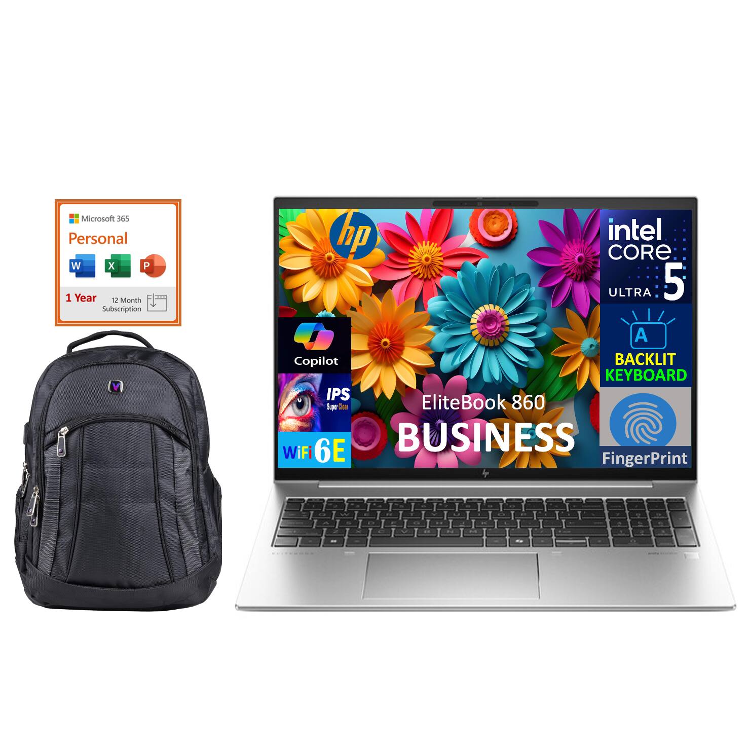 Microsoft 365 Personal 1 Year 12 Month Subscription  
hp EliteBook 860 Business  
Intel Core Ultra 5  
Backlit Keyboard  
IPS Display  
WiFi 6E  
Fingerprint  
Copilot