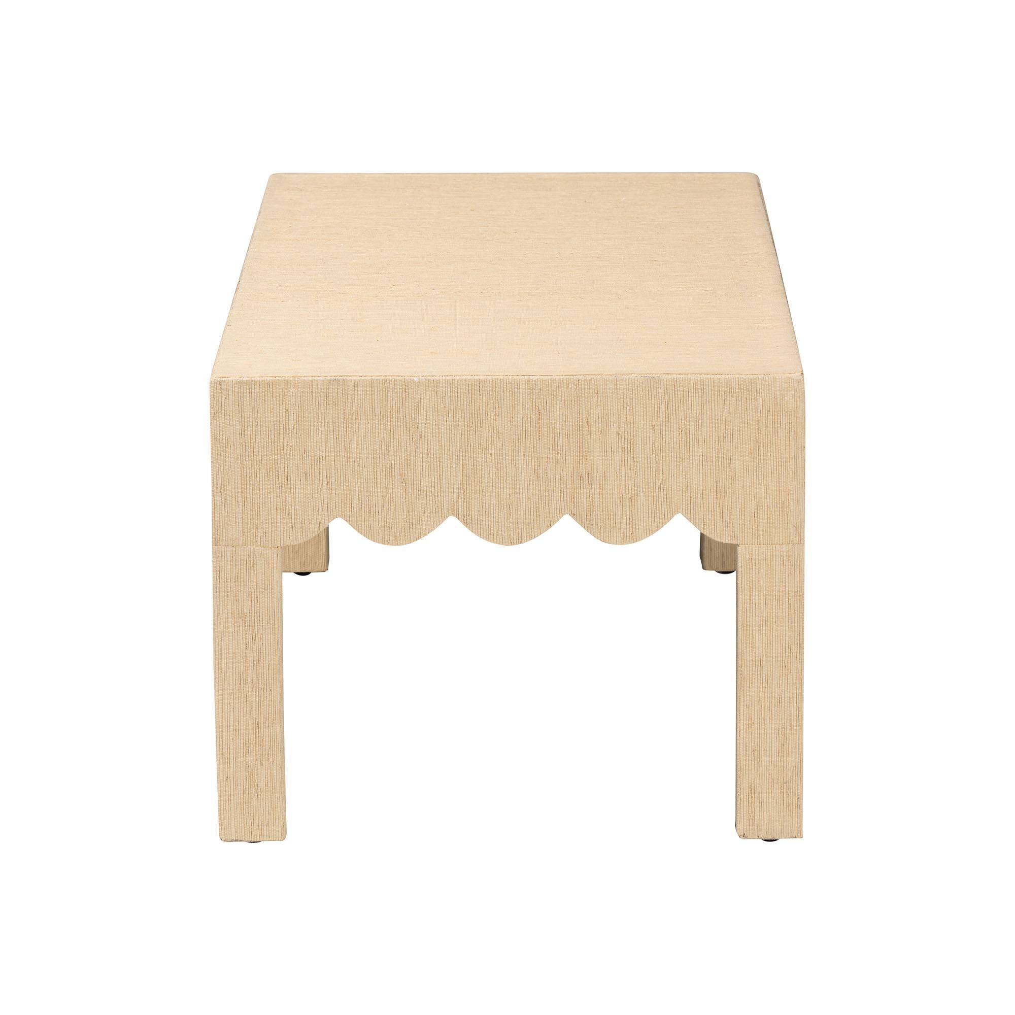 Left. bali & pari - bali & pari Mason Natural Grasscloth Coffee Table - Rectangular Accent Table with Scalloped Apron - Beige.