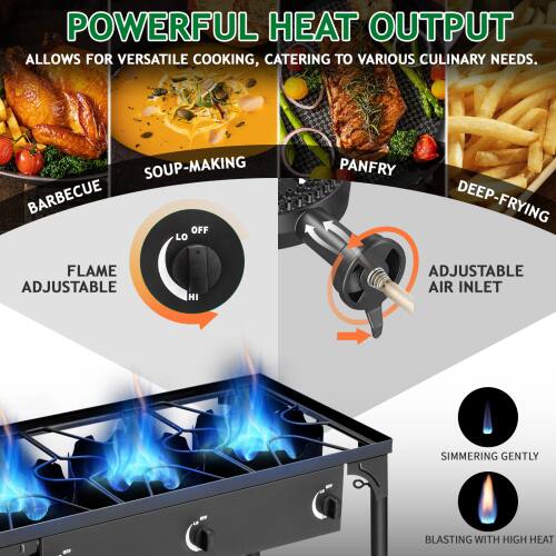 POWERFUL HEAT OUTPUT  
Allows for versatile cooking, catering to various culinary needs.

- BARBECUE
- SOUP-MAKING
- PANFRY
- DEEP-FRYING

FLAME ADJUSTABLE  
HI  
LO OFF

ADJUSTABLE AIR INLET

SIMMERING GENTLY  
BLASTING WITH HIGH HEAT