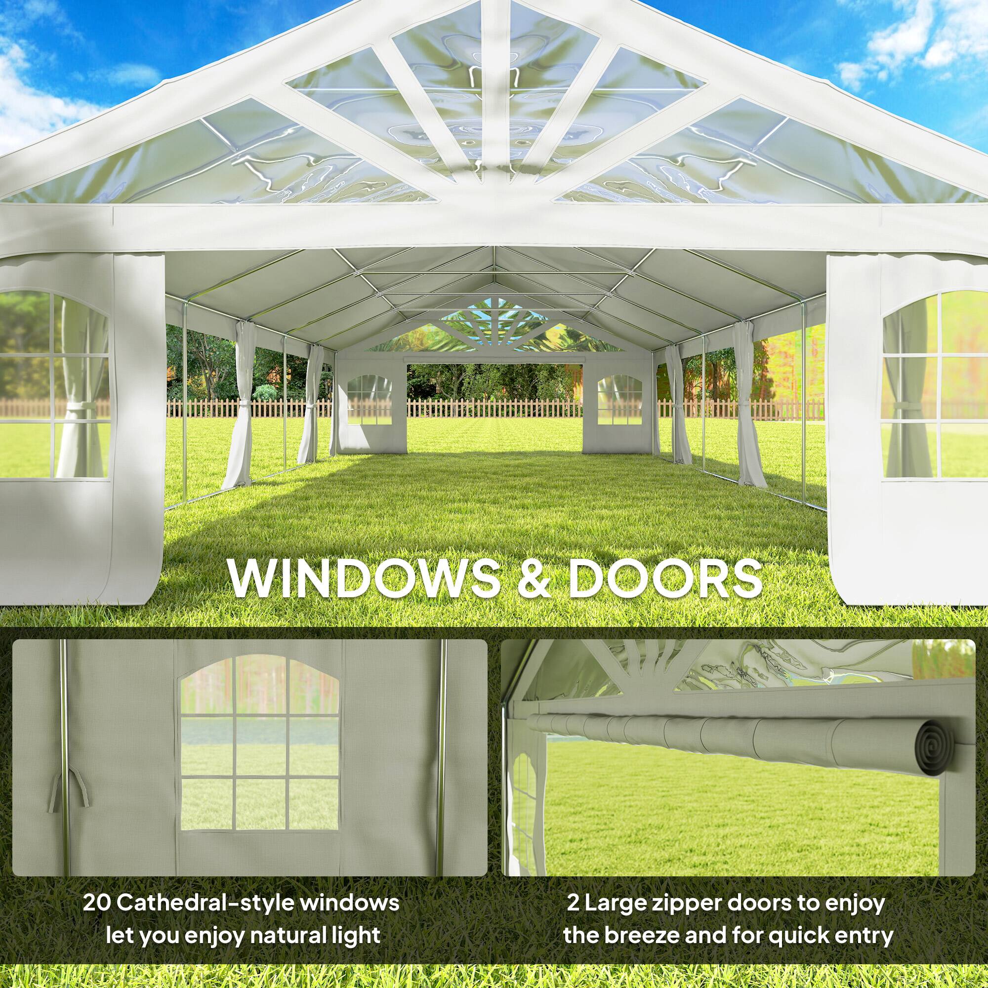 WINDOWS & DOORS
20 Cathedral-style windows let you enjoy natural light
2 Large zipper doors to enjoy the breeze and for quick entry