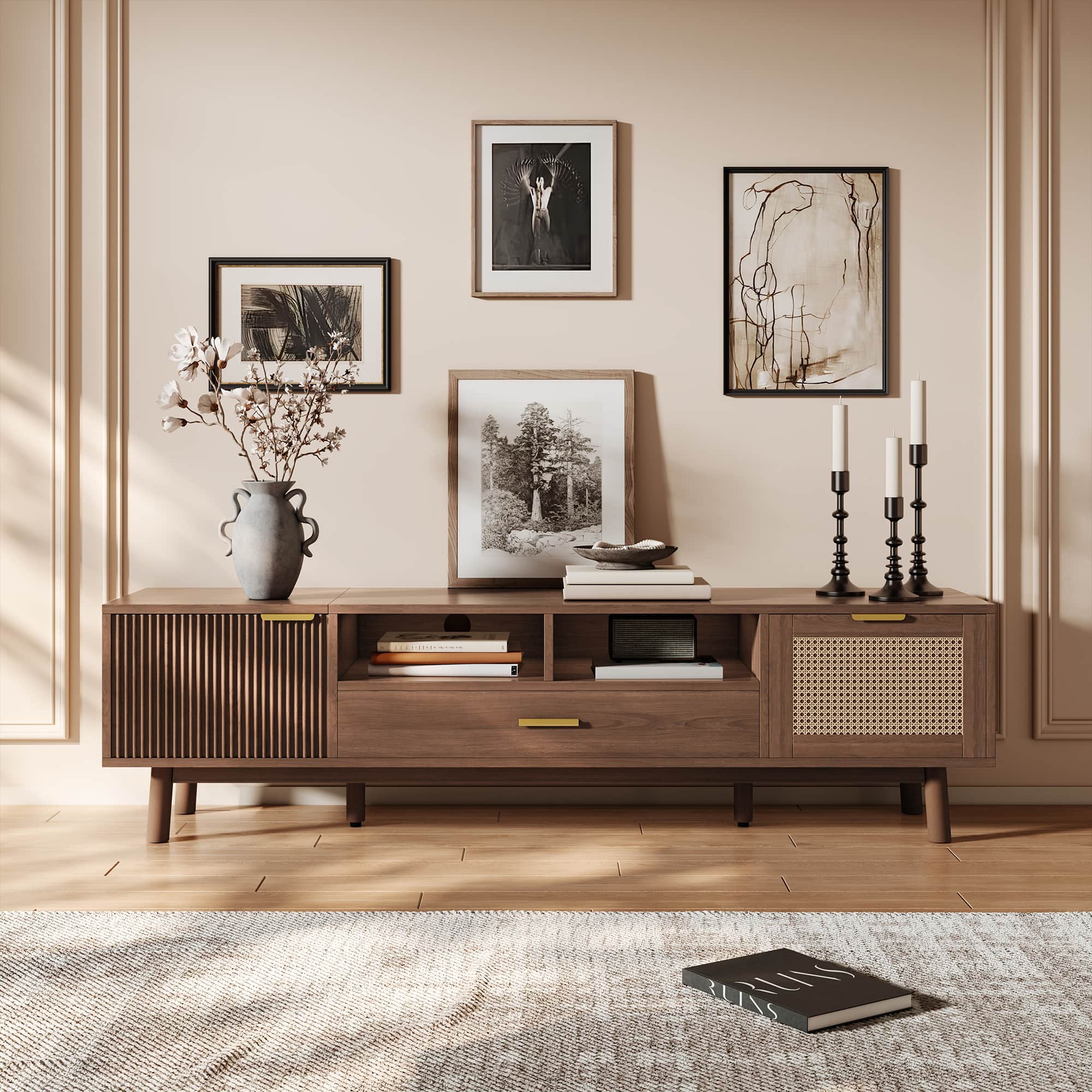 Z-Edge - TV Stand for 75 Inch TV, Entertainment Center with Drawer & Open Shelves, TV Console with 2 Cabinets for Living Room - Walnut