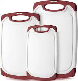 Zulay Kitchen - (3-Piece Set) Plastic Cutting Board with Juice Groove (Multiple Sizes) - White and Red