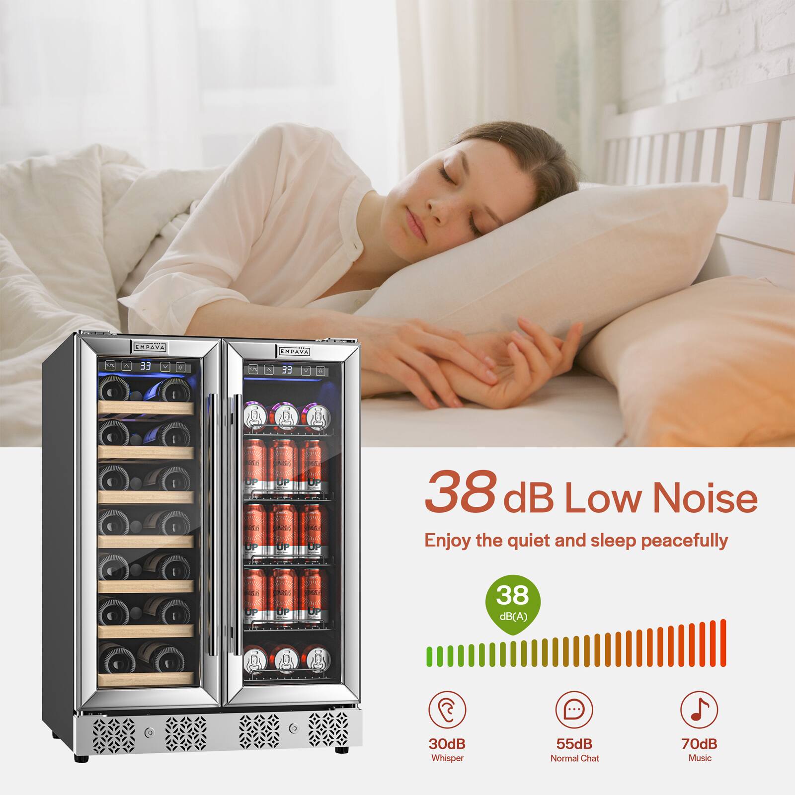 EMPAVA EMPAVA 1 EE V - c FE - . 38 dB Low Noise Enjoy the quiet and sleep peacefully 38 dB(A) 30dB Whisper 55dB Normal Chat 70dB Music