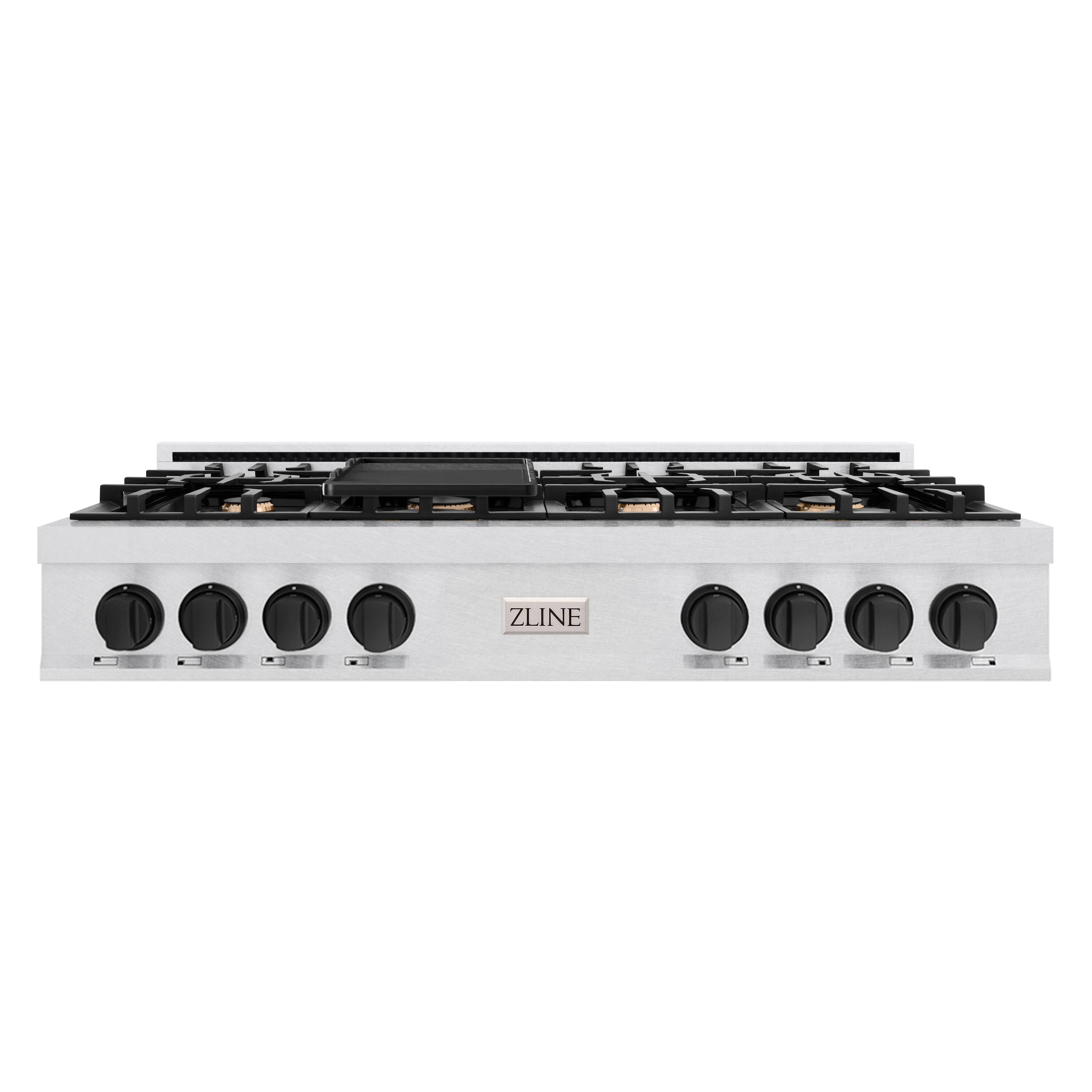 Front. ZLINE - ZLINE Autograph 48 in. Slide-In Classic Rangetop w/ 8 Burners in Satin Stainless Steel & Black Accents - Satin Stainless Steel.